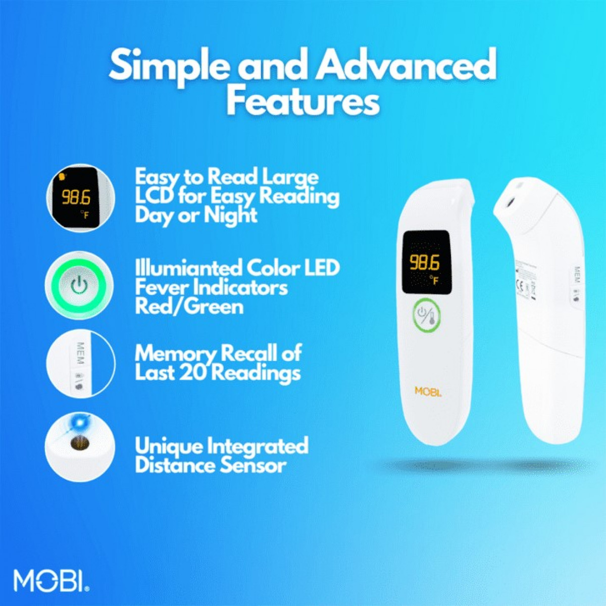 MOBI Air Non-Contact Forehead Thermometer w/ Integrated Distance Sensor,  Smart Medication Reminder & Memory Recall 