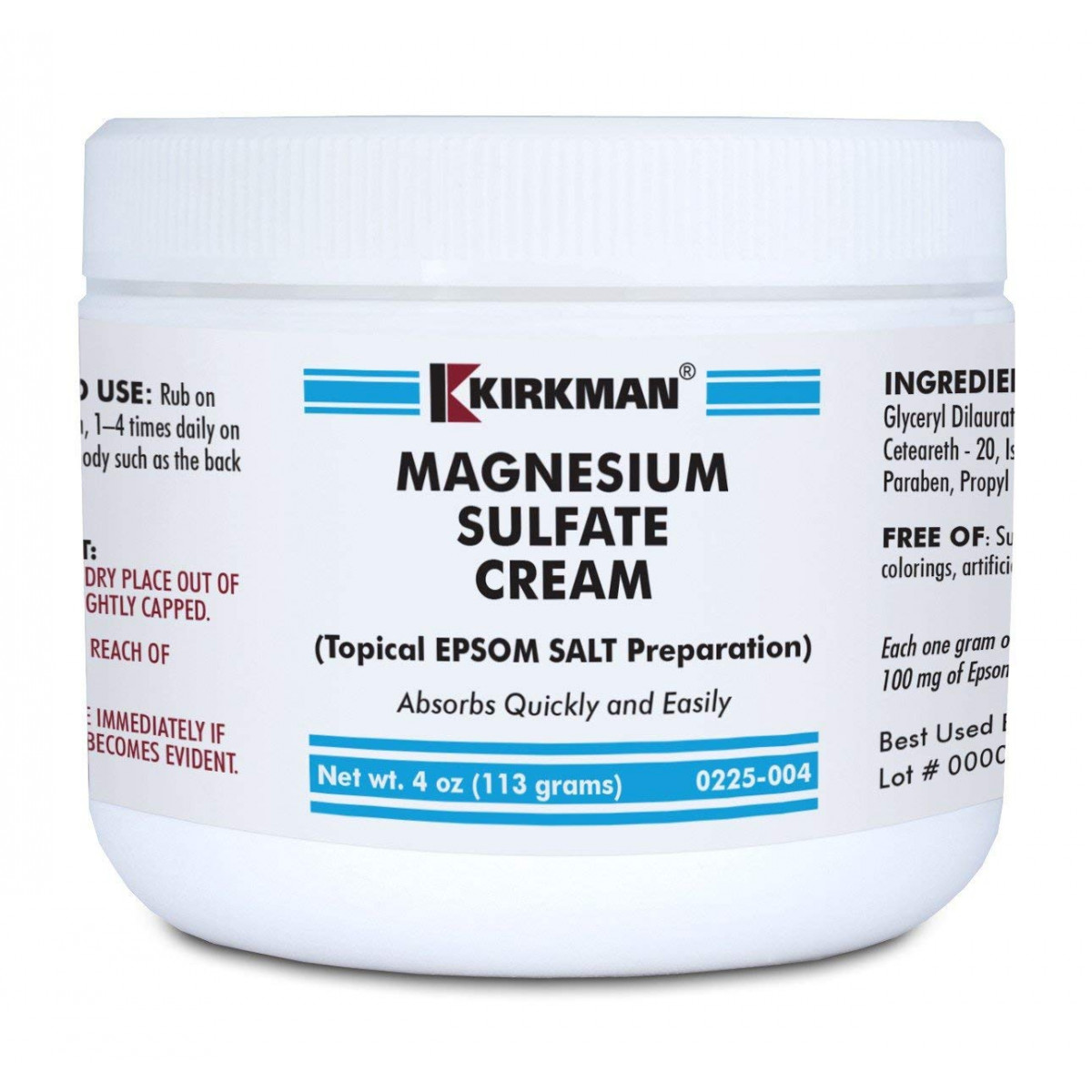 Kirkman Magnesium Sulfate Cream | 4oz Cream | Gluten Free | Casein Free