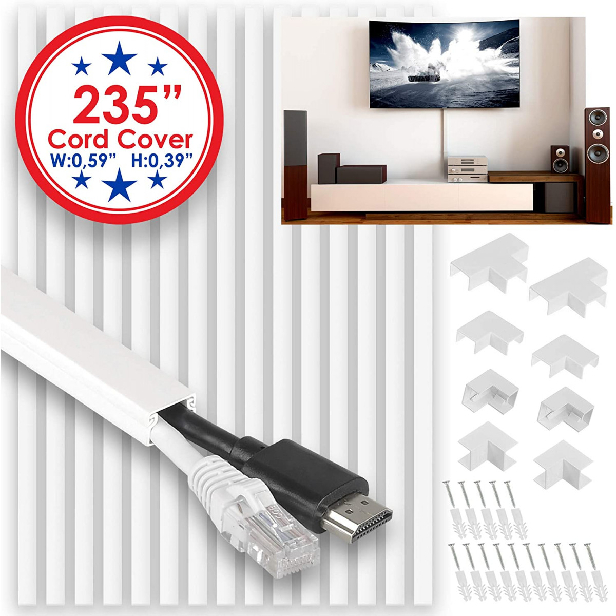 Cable Concealer On-Wall Cord Cover Raceway Kit-System to Hide Cables, Wire  Hider