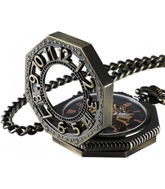 Carrie Hughes Men's Steampunk Vintage Railroad Octagon Skeleton Mechanical Pocket Watch with Chain Dad Gift CHPW02