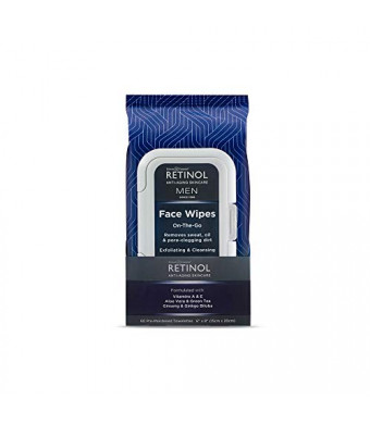 Retinol Men Facial Wipes Anti-Aging Cleansing Towelettes - Quickly cleanse face from sweat, oil and pore-clogging dirt without any heavy residue