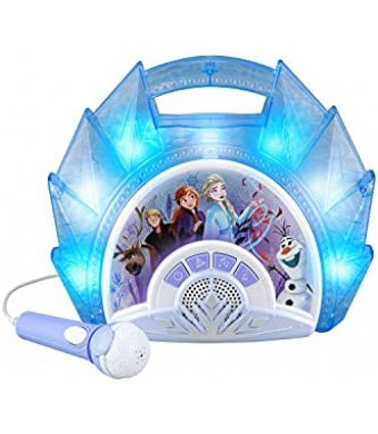 eKids Frozen Sing Along Boom Box Speaker with Microphone for Fans of Frozen Toys for Girls, Kids Karaoke Machine with Built in Music and Flashing Lights , Blue, 3.5mm Audio Jack