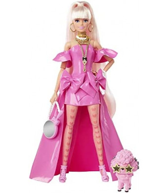 Barbie Extra Fancy Doll in Pink Glossy High-Low Gown, with Pet Puppy, Extra-Long Hair & Accessories, Flexible Joints, Toy for 3 Year Olds & Up