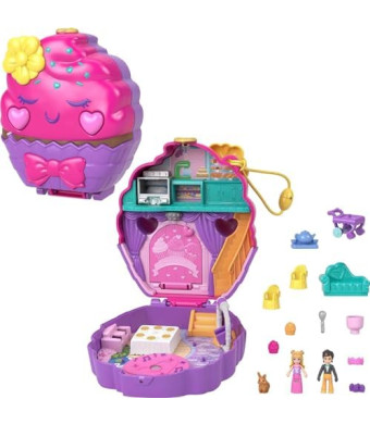 Polly Pocket Compact Playset, Something Sweet Cupcake with 2 Micro Dolls & Accessories, Travel Toys with Surprises