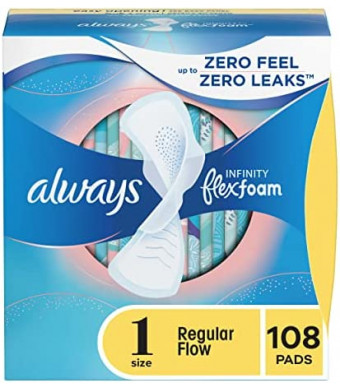 Always Infinity Feminine Pads for Women, Size 1, 108 Count, Regular Absorbency, with Wings, Unscented (36 Count, Pack of 3 - 108 Count Total)