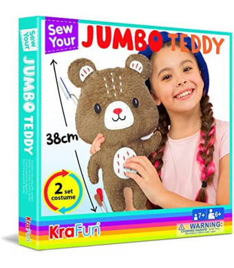 KraFun Big Jumbo Teddy Bear Animal Sewing Kit for Kids Beginner My First Art & Craft, Make 1 Stuffed Doll with 2 Costumes, Instructions & Plush Felt Materials for Learn to Sew, Embroidery, Age 7-12