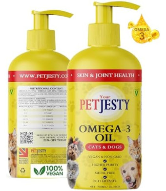 PetJesty Pure Omega 3 Oil for Dogs & Cats 26.39oz - Omega 3 Skin & Coat Support- Liquid Food Supplement for Pets - Vegan pet + DHA for Joint Function, Immune & Heart Health, Non Fish Oil Dog and Cat