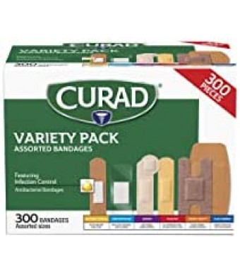 Curad Assorted Bandages Variety Pack 300 Pieces, including antibacterial, heavy duty, fabric, and waterproof bandages