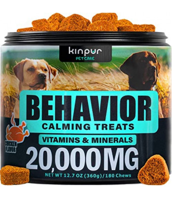 Kinpur Pet Care Calming Chews for Dogs with Valerian Root and Hemp Oil - Aid During Thunderstorms, Separation, Car Rides - Hip and Joint Health - Tasty Dog Calming Treats, 180 Chews (Behavior Chews)