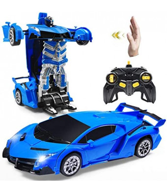 Janboo 1:14 RC Cars Robot for Kids, Transformrobot Racing Toys, Gesture Sensing Remote Control Car with One-Button Deformation Auto Demo, 360° Rotation Light Music Car Best Gift for Boys Girls (Blue)