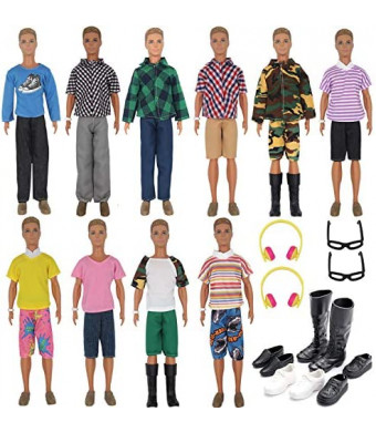 ZTWEDEN 32Pcs Doll Clothes and Accessories for 12 Inch Boy Dolls Include 20 Different Wear Clothes Shirt Jeans Beach Shorts 4 Pairs of Shoes, Glasses, Earphones for 12'' Boy Doll