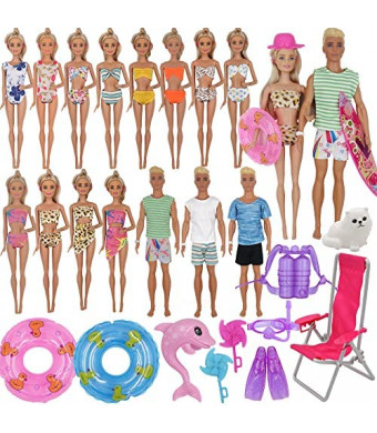 ZTWEDEN 42Pcs Doll Clothes and Swimming Accessories for 12 inch Boy and Girl Dolls Includes Bikini Swim Suit Swim Trunks Skateboard Lifebuoys Chair Diving Swimming Sets for 12 inch Doll Beach Style