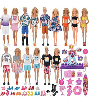 EuTengHao 78Pcs Doll Clothes and Accessories for 11.5 Inch Girl Doll and 12 Inch Boy Doll Includes 28 Wear Clothes Shoes and Lovers Outfit Sky Wheel Surfboard Hat for Summer Style Doll Accessories