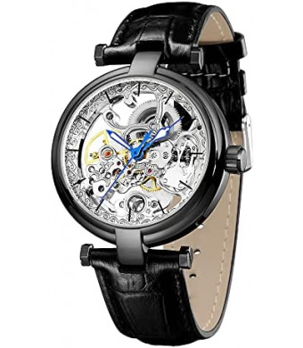 Skeleton Automatic Steampunk Watches Gold-Tone Luminous Hands Leather Strap Wrist-Watch
