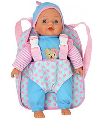 13" Soft Baby Doll with Take Along Pink Doll Backpack Carrier, Briefcase Pocket Fits Doll Accessories and Clothing