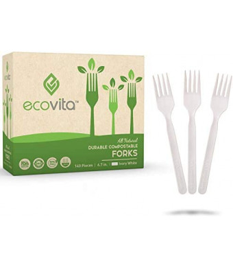 100% Compostable Forks - 140 Large Disposable Utensils (7 in.) Eco Friendly Durable and Heat Resistant Alternative to Plastic Forks with Convenient Tray by Ecovita