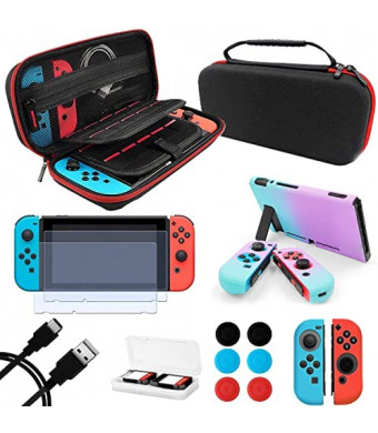 ANSIPPF Switch Accessories Bundle 9-in-1, Carrying Case for Nintendo Switch, Grip Protective Cover/Joy-Con/Analog Cap/Card Case, Screen Protector, Cable & More Value Bundle