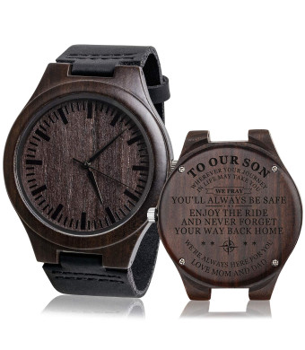 KOSTING Engraved “to Our Son Love Mom and Dad” Wooden Watch with Black Leather Band- Son Birthday Gifts from Mom n Dad Sons Gifts for Christmas, Birthday