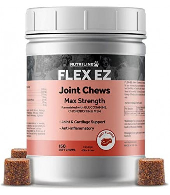 Nutriline Labs Flex EZ Dog Glucosamine Chondroitin Chewable Hip and Joint Supplement for Dogs Chews Treats with MSM and Turmeric