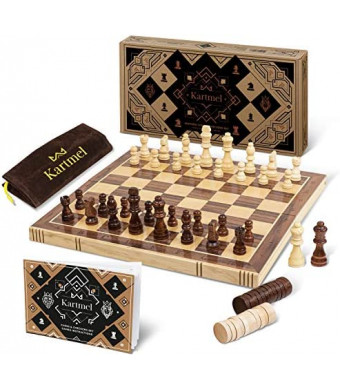 Magnetic Wooden Chess and Checkers Set - Foldable Travel Chess Set Game - Handmade - Chess Board for Adults - Checkers Game for Kids - Staunton Style Pieces - Chess Set for Kids and Adults - 15" x 15"