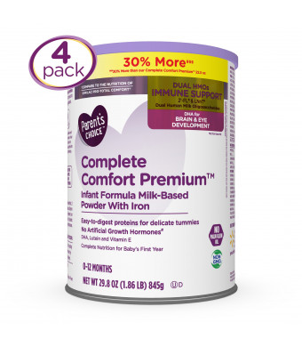 Parent's Choice Complete Comfort Premium Baby Formula Powder with Iron, Dual HMOs, 29.8 oz, 4 Pack