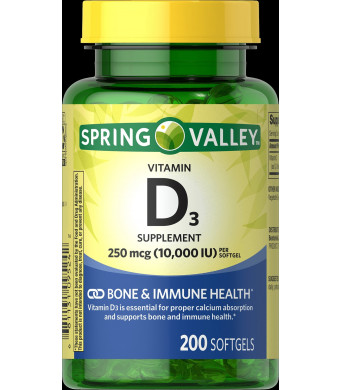 Spring Valley Vitamin D3 Supplement Softgels, 250mcg per Softgel 10,000 IU, 200 count