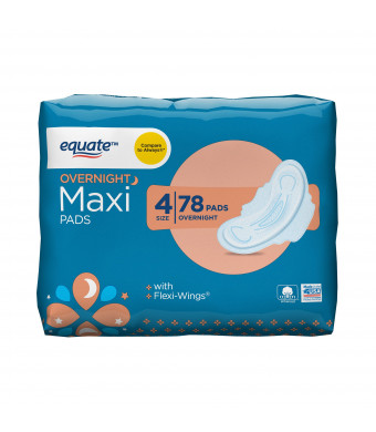 Equate Maxi Pads with Wings, Overnight, Unscented, 78 ct