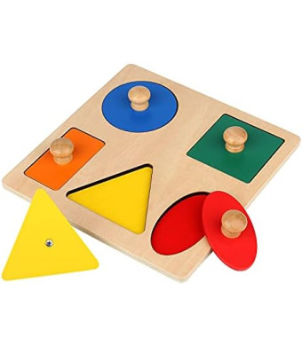 Montessori Wooden Puzzle Board Knob Wooden Puzzle Geometric Shape Puzzle Early Education Material Sensorial Toy for Toddler Shape & Color Sorter (5 Geometry Shape)