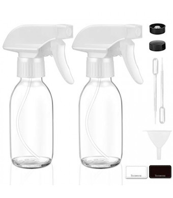 Tecohouse Glass Spray Bottles for Cleaning Solutions and Essential Oils, 4 oz Small Empty Refillable Sprayer Container with Labels, Funnel, Lids, Pipettes - Pocket Size 2 Pack - Clear