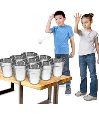 Gamie Bucket Ping Pong Ball Game Includes 9 Metal Buckets, 12 Balls, and 1 Number Sticker Sheet - Fun Party Activity for Kids and Adults, Great Gift Idea for Kids
