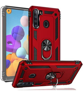 YZOK for Galaxy A21 Case, Samsung A21 Case, with HD Screen Protector, [Military Grade] Ring Car Mount Kickstand Hybrid Hard PC Soft TPU Shockproof Protective Case for Samsung Galaxy A21 (Red)