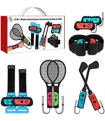 Nargos Switch Games Sports Accessories Bundle -10 in 1 Kit for Switch & Switch OLED: Joy Con Grips for Mario Golf Super Rush, Wrist Dance Bands & Leg Straps, Comfortable Grip Case and Tennis Rackets