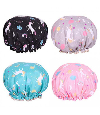 Shower Cap Microfiber Bath Cap - Shower Bonnet Designed for Women and Girls Waterproof Caps Reusable Double Layer Bath Accessories (4 Pack)