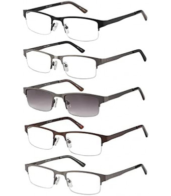 Eyecedar Metal Half-Frame Reading Glasses Men 5-Pack Spring Hinges Stainless Steel Material Includes Sun Readers 2.50