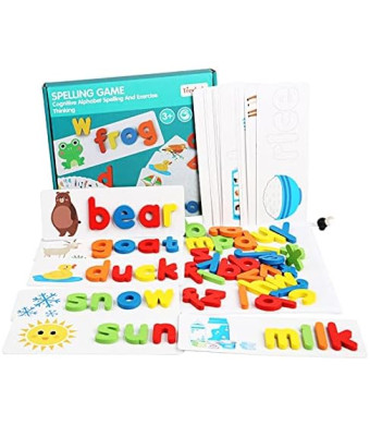 Wooden Toddler See and Spelling Learning Toy Matching Alphabet Word Game with 56 Different Words on 28 Two-Sided Cognitive Cards Letter Jigsaw Puzzle Toys for Kid’s Montessori Preschool Education