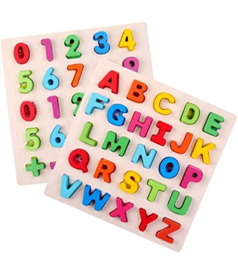 2 in 1 Learning Puzzle Board Alphabet and Number Wooden Puzzle for Preschool Boy and Girl Age 3 4 5 6 Montessori Education Tool Early Education Sorting and Counting Learning Board Gift for Toddler