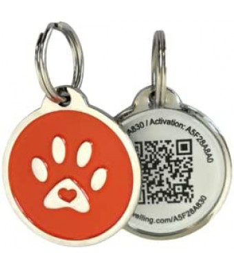 Pet Dwelling 2D QR Code Pet ID Tag - Dog Tags - Cat Tags, Link to Online Pet Profile, Instant Email Alert with Scan QR Tag GPS Location (Orange Paw 2D)