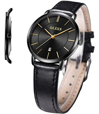 OLEVS Women's Watches for Ladies Female Wrist Watch Leather Band Waterproof Thin Minimalist Casual Simple Dress Quartz Analog with Date Calendar