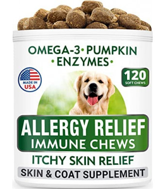 BARK&SPARK Allergy Relief Dog Treats - Omega 3 + Pumpkin + Enzymes - Itchy Skin Relief - Seasonal Allergies - Anti-Itch & Hot Spots - Immune Supplement - Made in USA Soft Chews