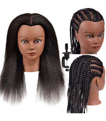100% Real Hair Mannequin Head Hairdresser Training Head Manikin Cosmetology Doll Head Yaki Hair Mannequin Head Hair Styling Training Head Afro Mannequin Head for Braiding Practice Mannequin Head