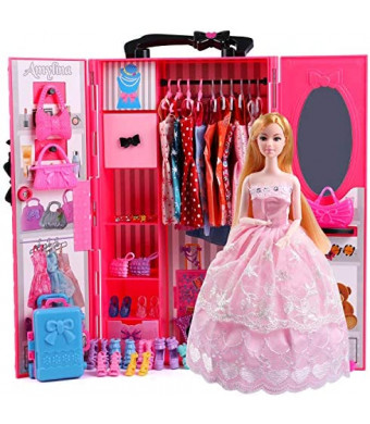 UCanaan Doll Closet Wardrobe Set for Doll Clothes (Also Suitable for 11.5 Inch Barbie Dolls), 51 Pcs Doll Accessories Included Fashion Doll ,Dresses, Shoes, Bags, Hangers and Stand