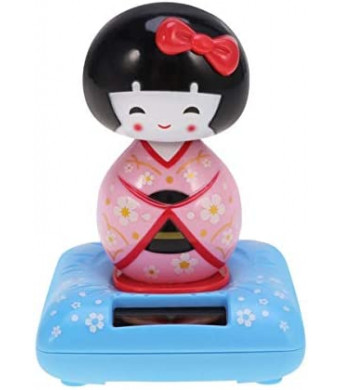 Amosfun Solar Powered Bobble Shaking Head Dancing Toy Japanese Kokeshi Doll Figurines Statues Car Dash Board Decorations Pink