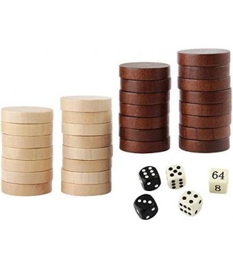 Amerous Wooden Checkers Pieces Nature Wood Backgammon Pieces with Drawstring Bag, 5 Dices Included