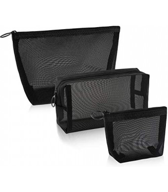 3 Pieces Mesh Cosmetic Bag Mesh Makeup Bags Mesh Zipper Pouch for Offices Travel Accessories, 3 Sizes (Black)