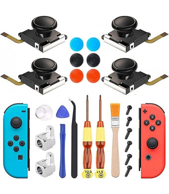 4 Pack Joycon Joystick Replacement, Switch Analog Stick Parts for Nintendo Switch Joy Con, Controller Repair Kit Include 6 Thumbstick Grips, 4 Thumb 3D Sticks, 2 Metal Buckles, 2 Screwdriver,Pry Tools