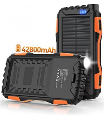 Solar Power Bank,Solar Charger,42800mAh Power Bank,Portable Charger,External Battery Pack 5V3.1A Qc 3.0 Fast Charging Built-in Super Bright Flashlight(Orange)