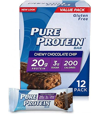 Pure Protein Bars, High Protein, Nutritious Snacks to Support Energy, Low Sugar, Gluten Free, Chewy Chocolate Chip, 1.76 Oz (Pack of 12)