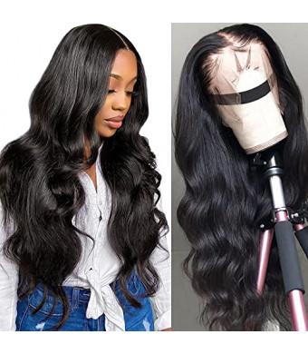 Flwing Body Wave Lace Front Wigs Human Hair Pre Plucked with Baby Hair, 20 Inch 13x4 Lace Frontal Wigs for Women Human Hair Brazilian Virgin Hair Body Wave Glueless 150% Denisty Body Frontal Wig Natural Black (20'')