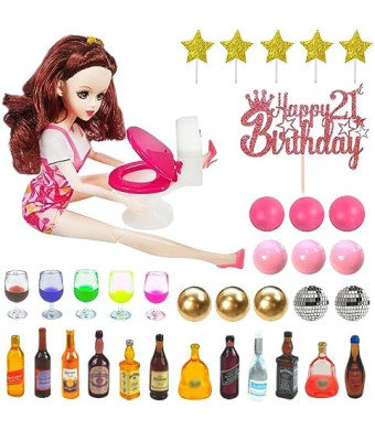 Mini Wine Bottles Cake Toppers With 12 Mini Wine Bottles 5 Mini Wine Glasses 1 Toilet Toy 1 Beauty Doll 21st Birthday Cake Topper for Celebrating Birthday 21st Girl Party (Brown)