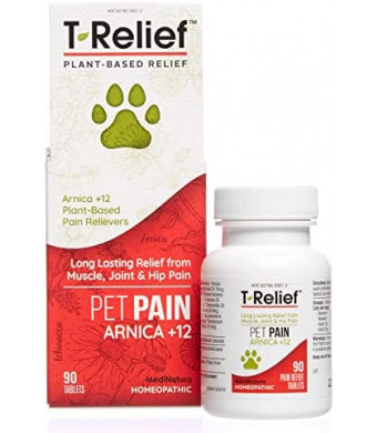 T-Relief Pet Pain Relief Arnica +12 Powerful Natural Medicines Help Reduce Muscle, Joint & Hip Pain, Soreness, Stiffness, Injuries in Dogs & Cats - Vet Approved, Fast-Acting Soother - 90 Tablets